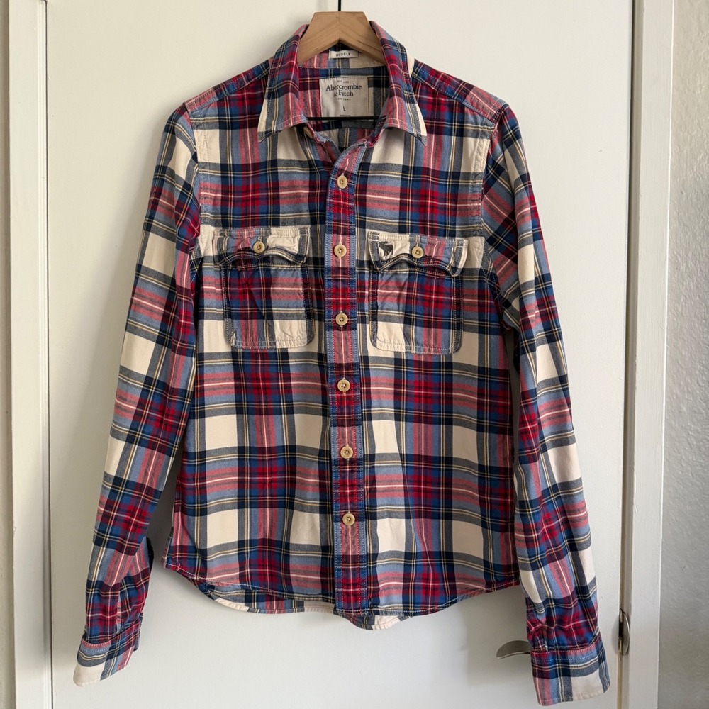 Vintage Abercrombie Plaid Flannel Shirt Red White Blue Cozy Cabincore Fisherman